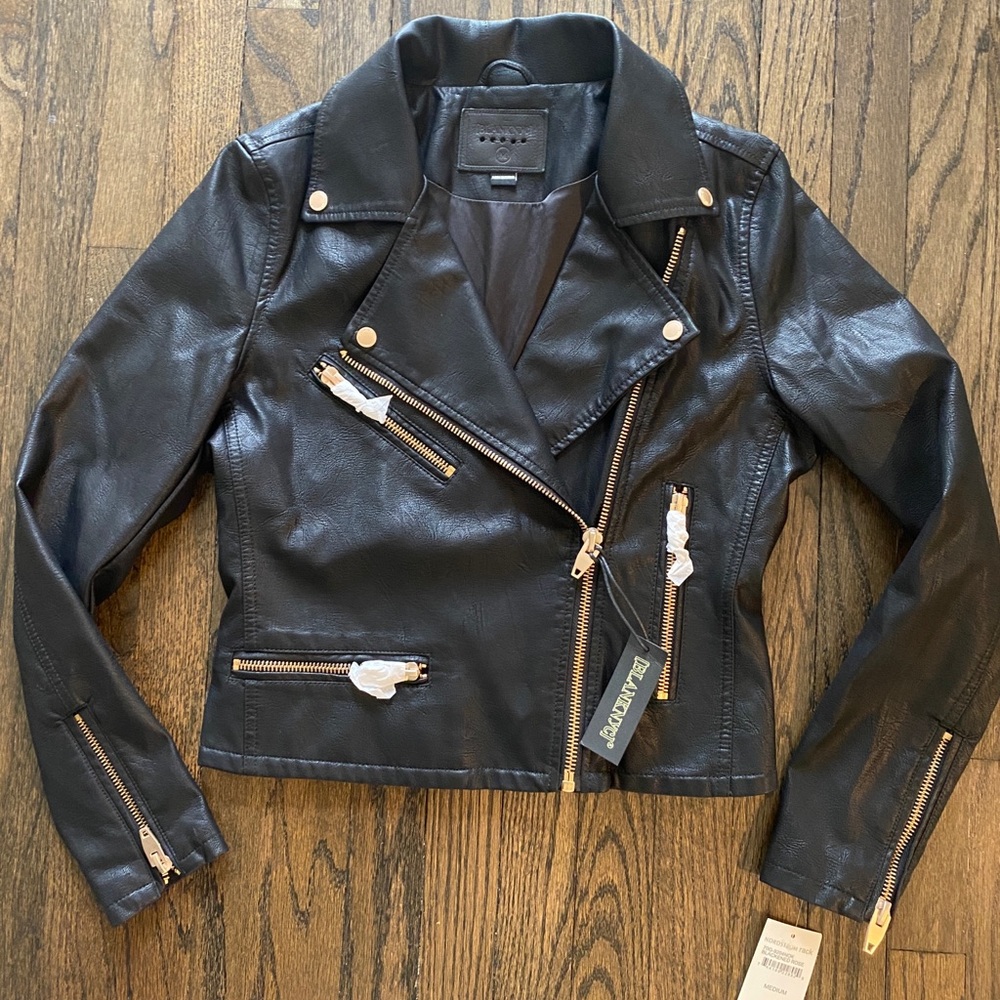 Black Vegan Leather Moto Jacket with Rose Gold Detail